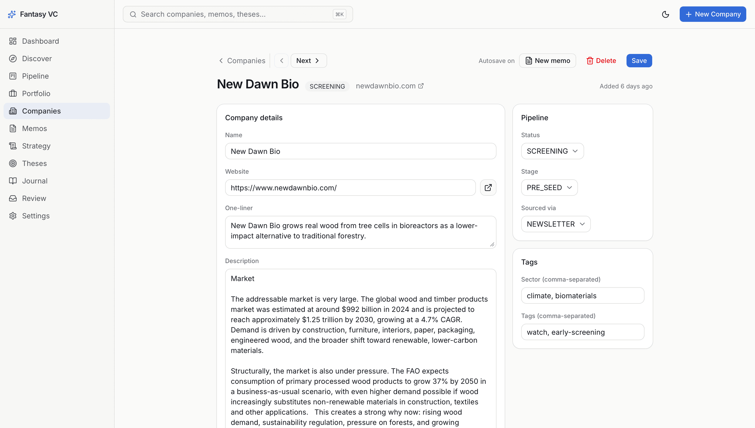 Screenshot of the Heptad Capital company screening page showing New Dawn Bio structured into market notes and pipeline fields.